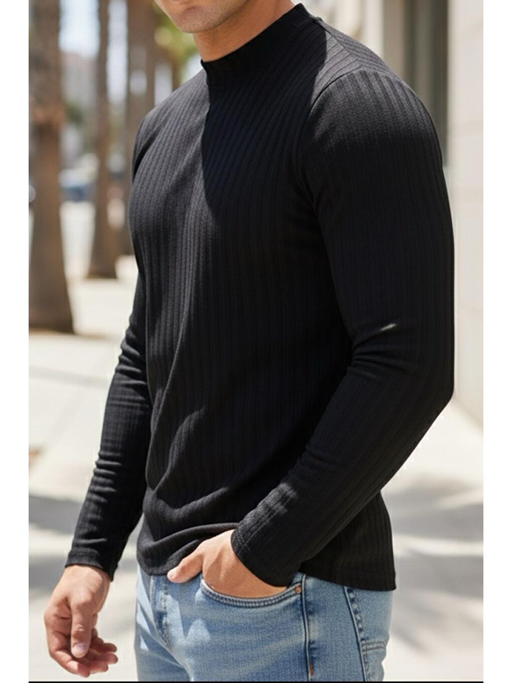 Siyah Monz Fitilli Slim Fit Elastanlı Yüksek Yaka Erkek Uzun Kol Tshirt