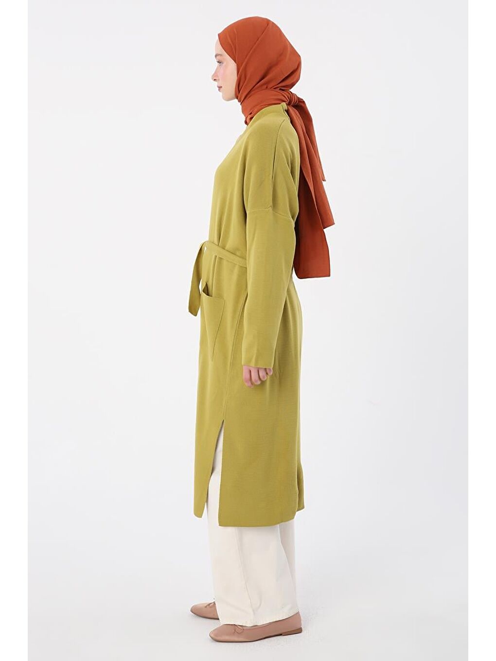 Yağ Yeşili-Cepli Rahat Kalıp Yırtmaçlı Triko Hırka-2