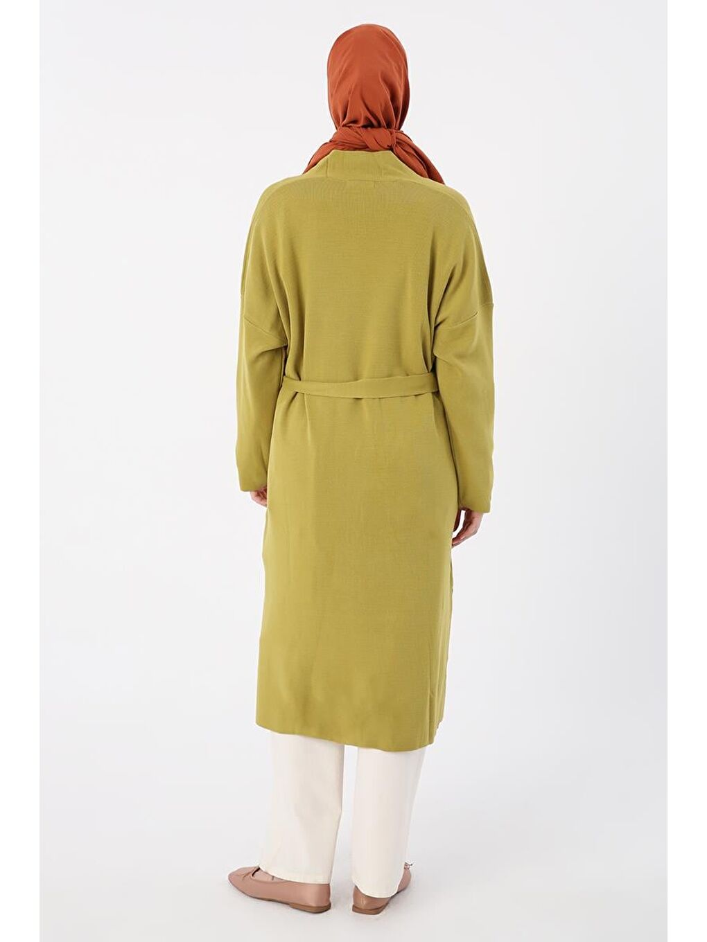 Yağ Yeşili-Cepli Rahat Kalıp Yırtmaçlı Triko Hırka-3