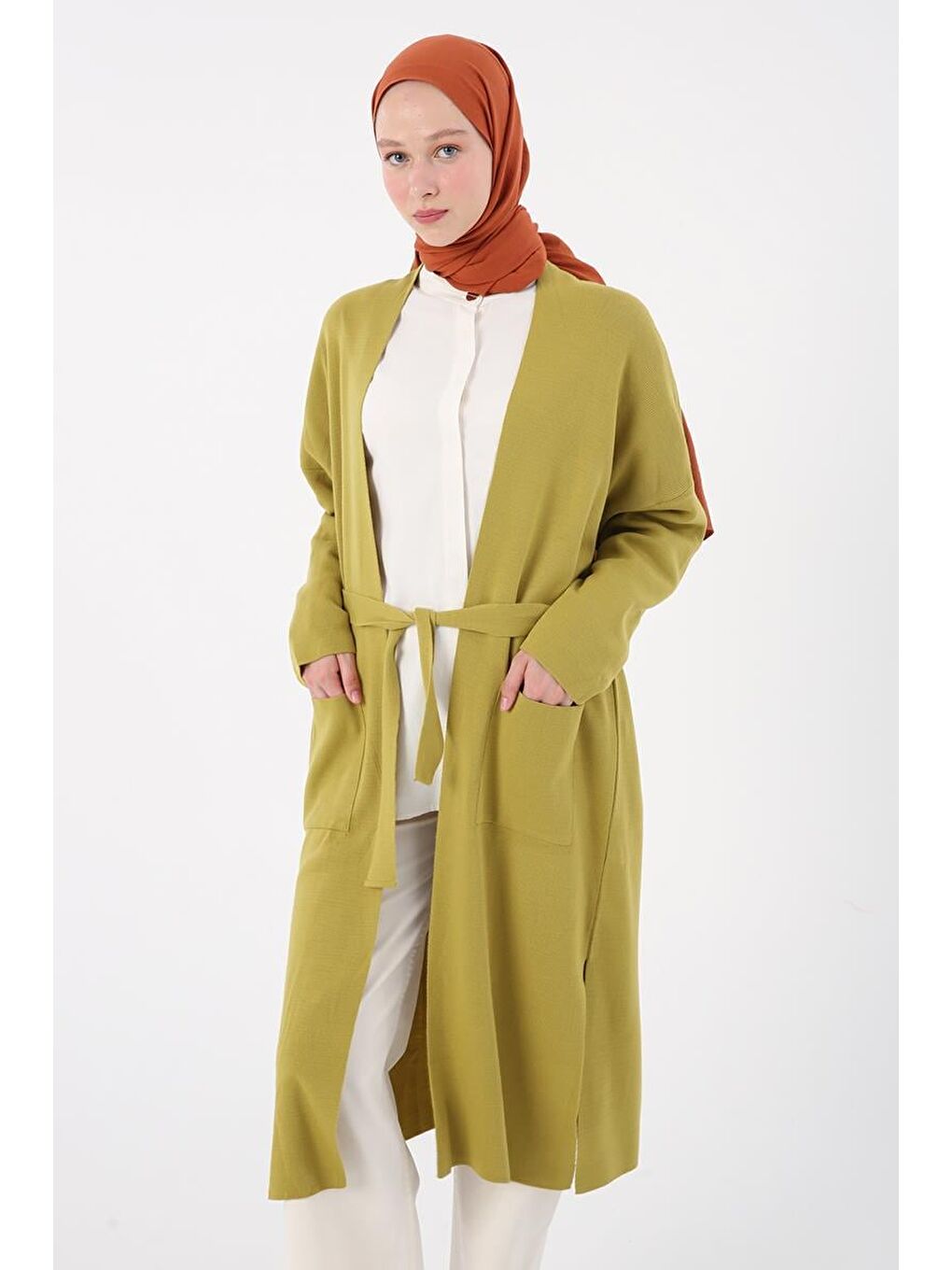 Yağ Yeşili-Cepli Rahat Kalıp Yırtmaçlı Triko Hırka-4