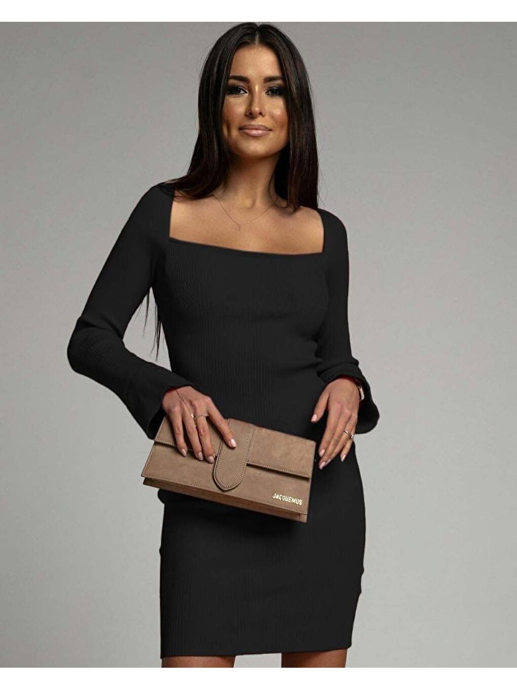 Siyah Kadın Uzun Kollu Kare Yaka Kol Ucu Ispanyol Triko Elbise-1