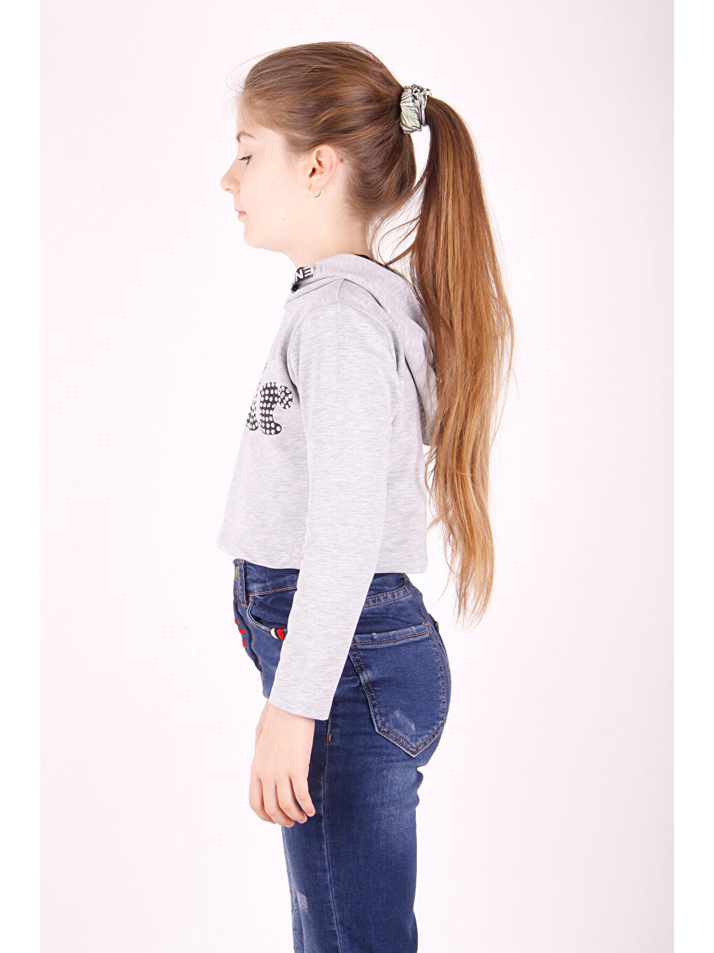 Gri Kız Çocuk Taş İşlemeli Kapüşonlu Sweatshirt-2