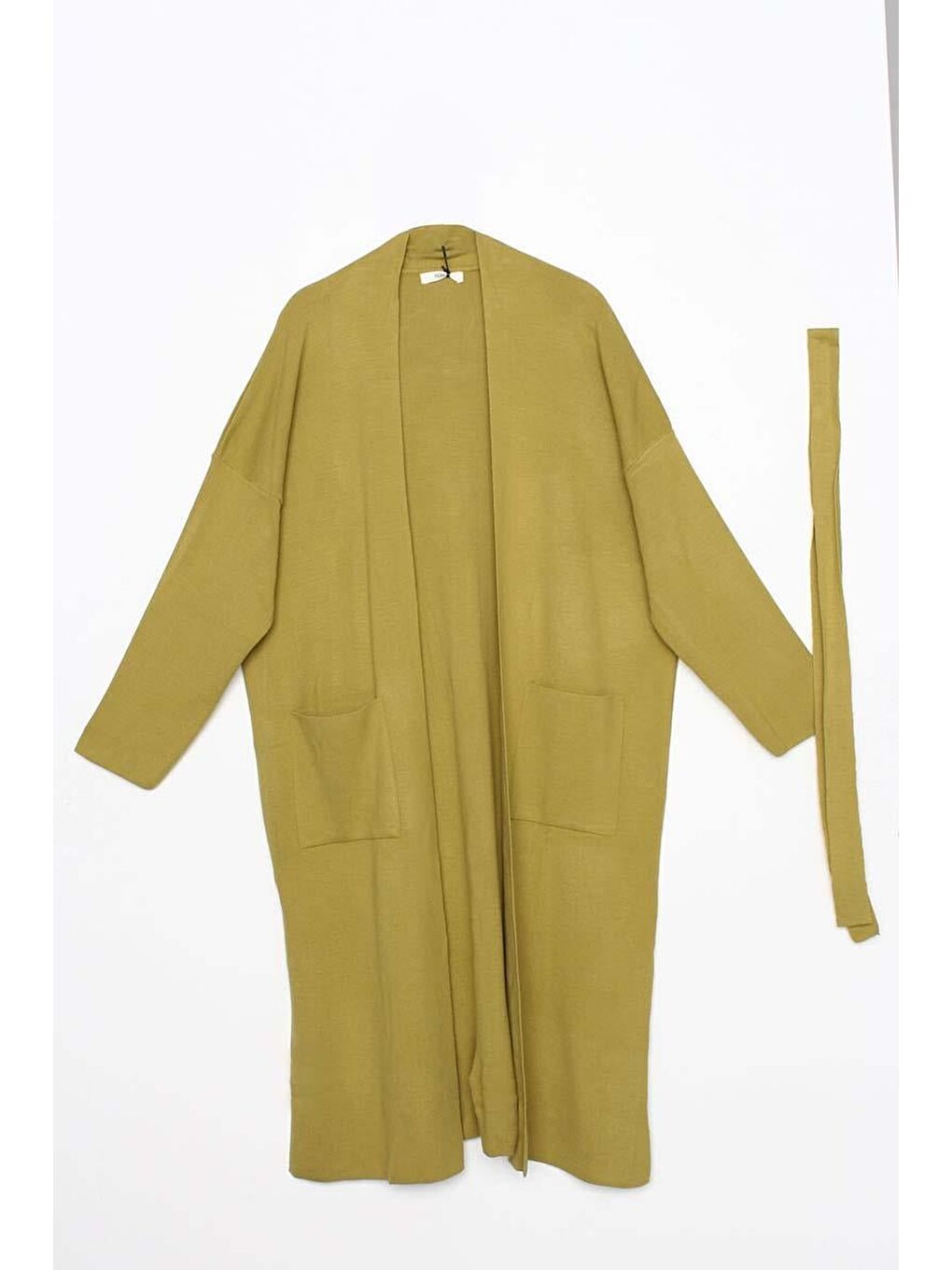 Yağ Yeşili-Cepli Rahat Kalıp Yırtmaçlı Triko Hırka-6