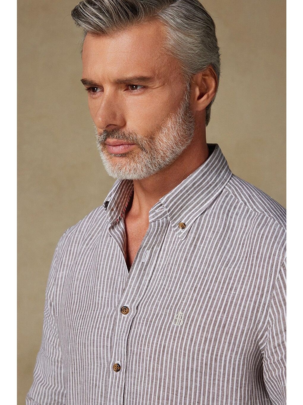 Sorento Keten Keten Comfort Fit Kahverengi Düğmeli Yaka Erkek Çizgili Gömlek-2