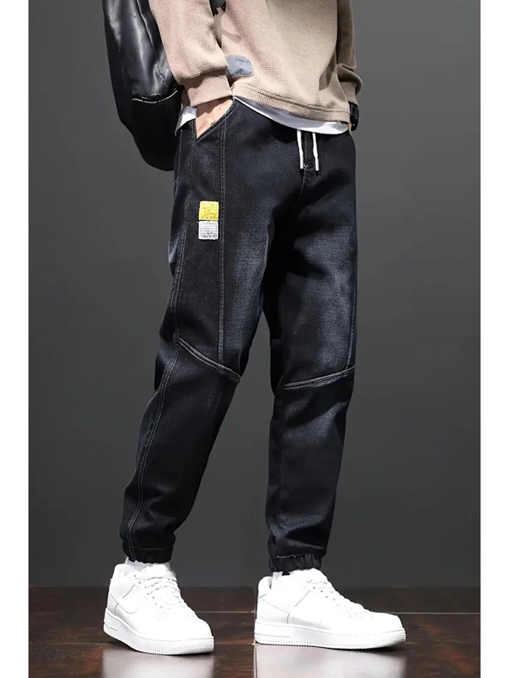 Siyah Reax Joss Beli ve Paçası Lastikli İpli Jogger Kesim Erkek Jean Pantolon