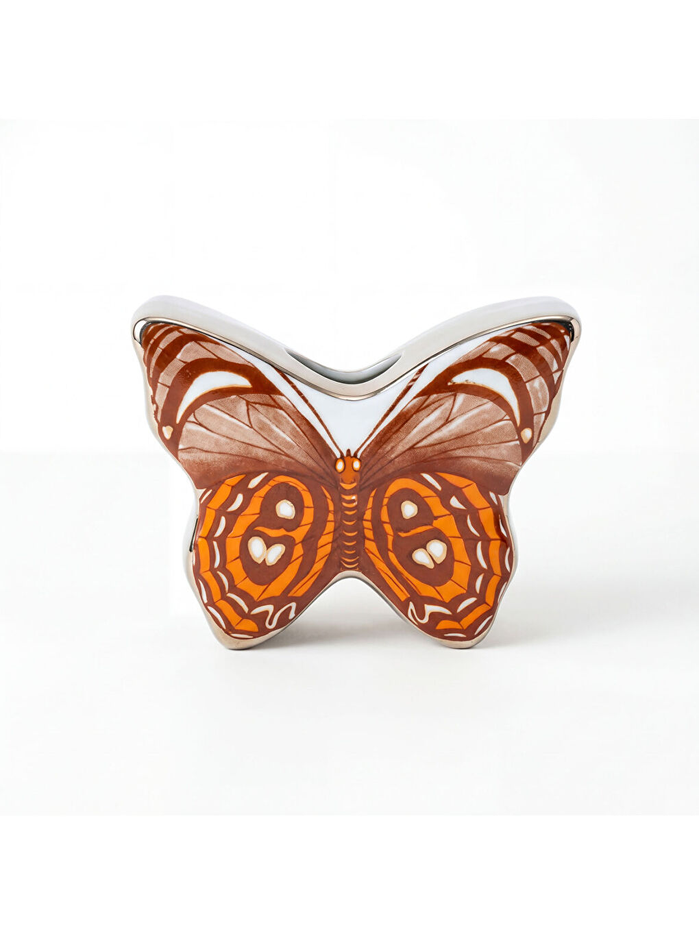 Ekru El Dekoru Kelebek Tasarımlı Dekoratif Porselen Vazo Turuncu 13x10 Cm-1