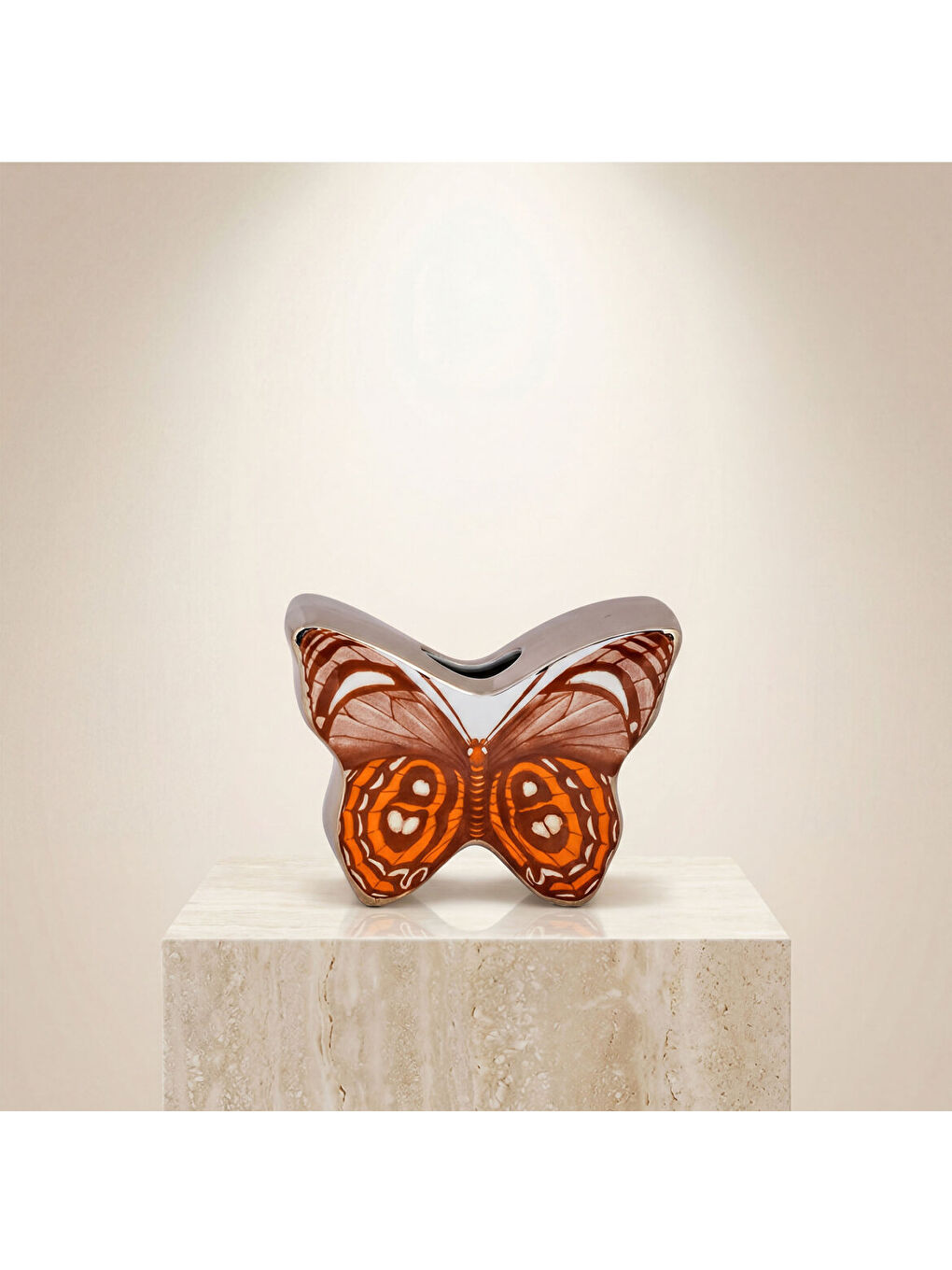 Ekru El Dekoru Kelebek Tasarımlı Dekoratif Porselen Vazo Turuncu 13x10 Cm-2