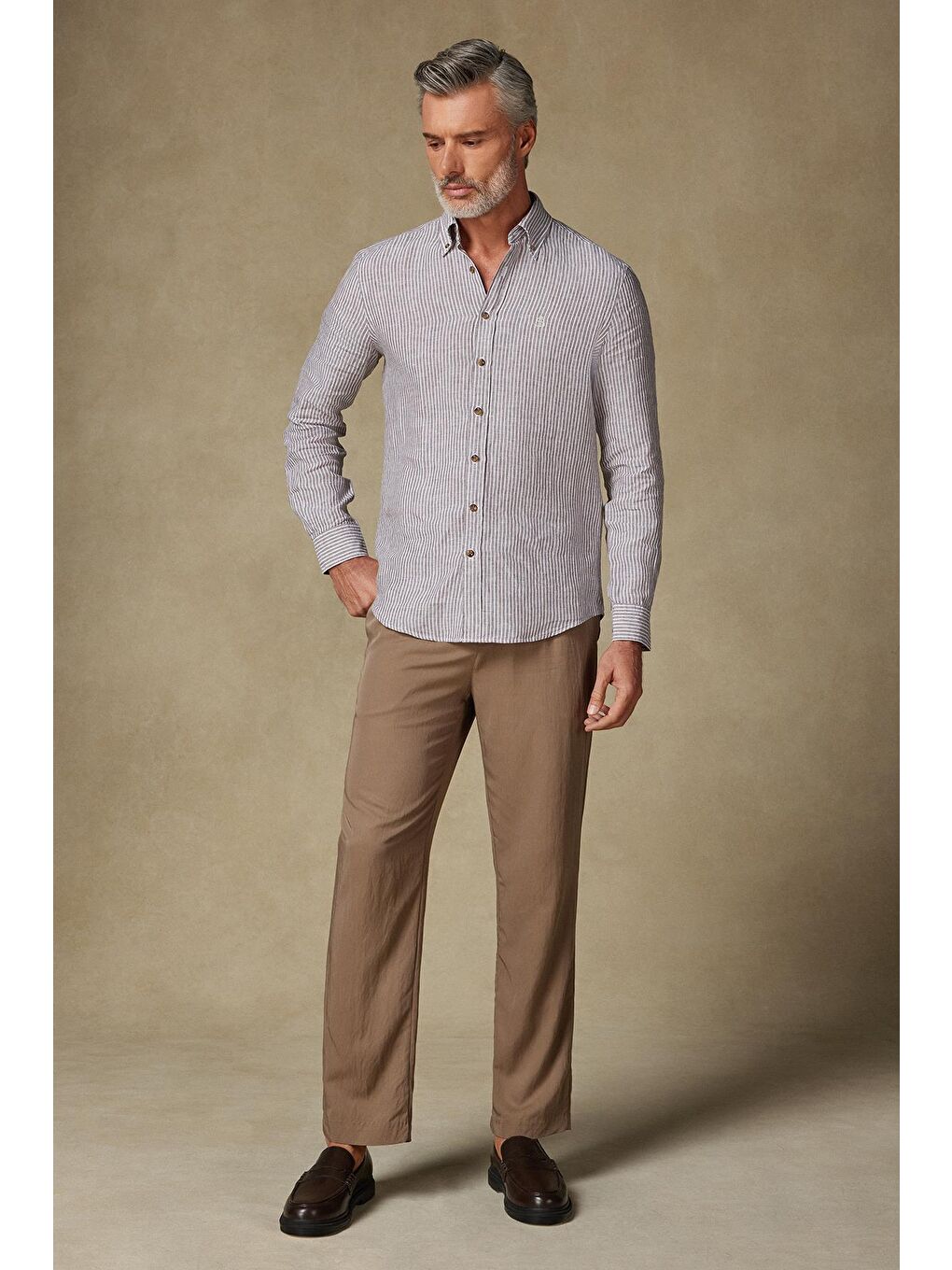 Sorento Keten Keten Comfort Fit Kahverengi Düğmeli Yaka Erkek Çizgili Gömlek-3