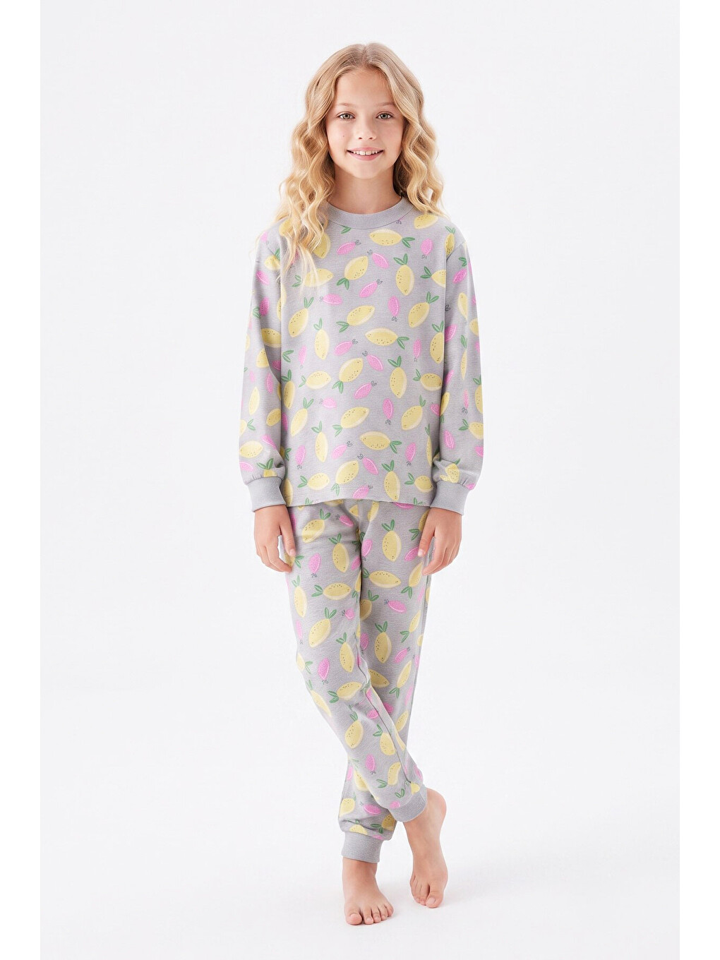 Gri Kız Çocuk %100 Pamuk Ve Baskılı Pijama Takımı 3-13 Yaş 12738ıs