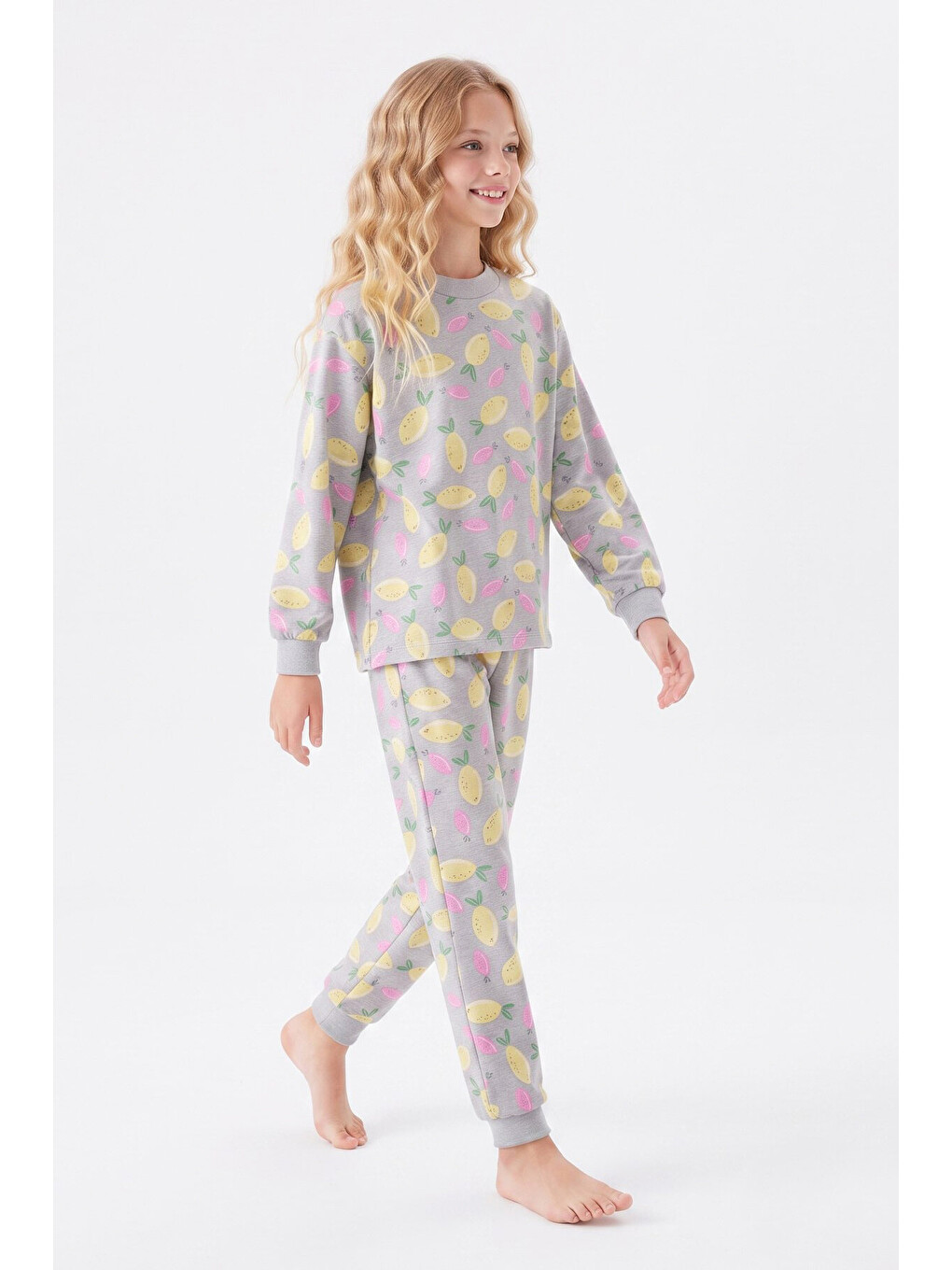 Gri Kız Çocuk %100 Pamuk Ve Baskılı Pijama Takımı 3-13 Yaş 12738ıs-1