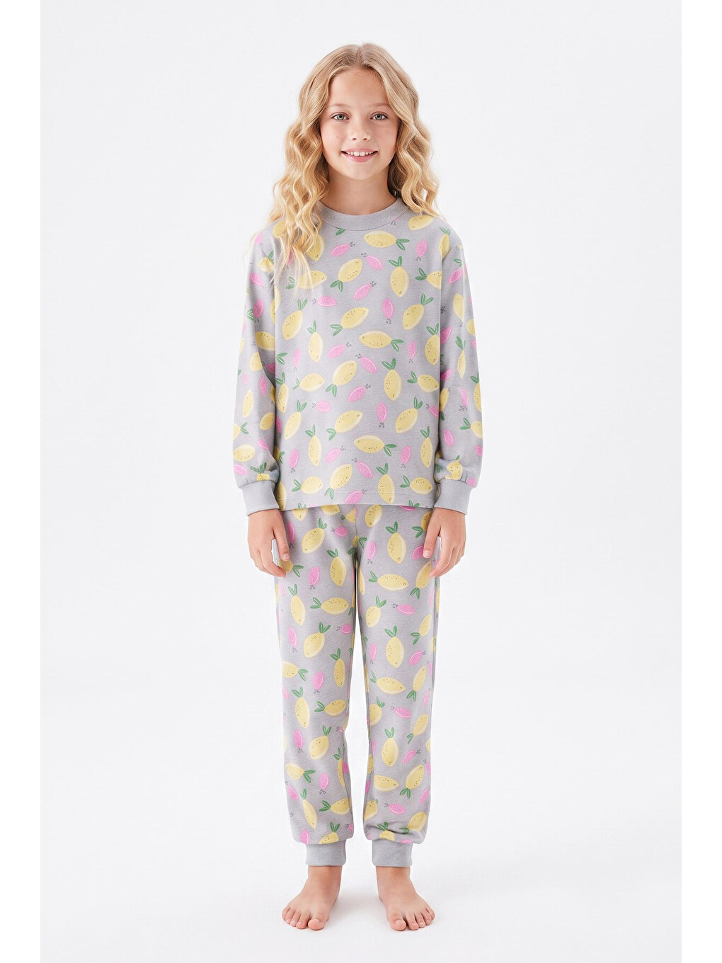 Gri Kız Çocuk %100 Pamuk Ve Baskılı Pijama Takımı 3-13 Yaş 12738ıs-2