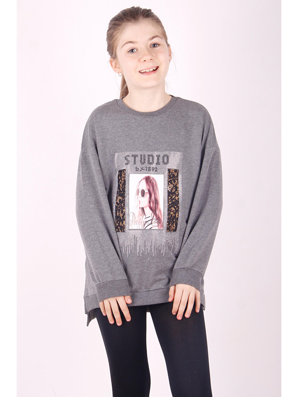 Antrasit Kız Çocuk Studio Baskılı Sweatshirt