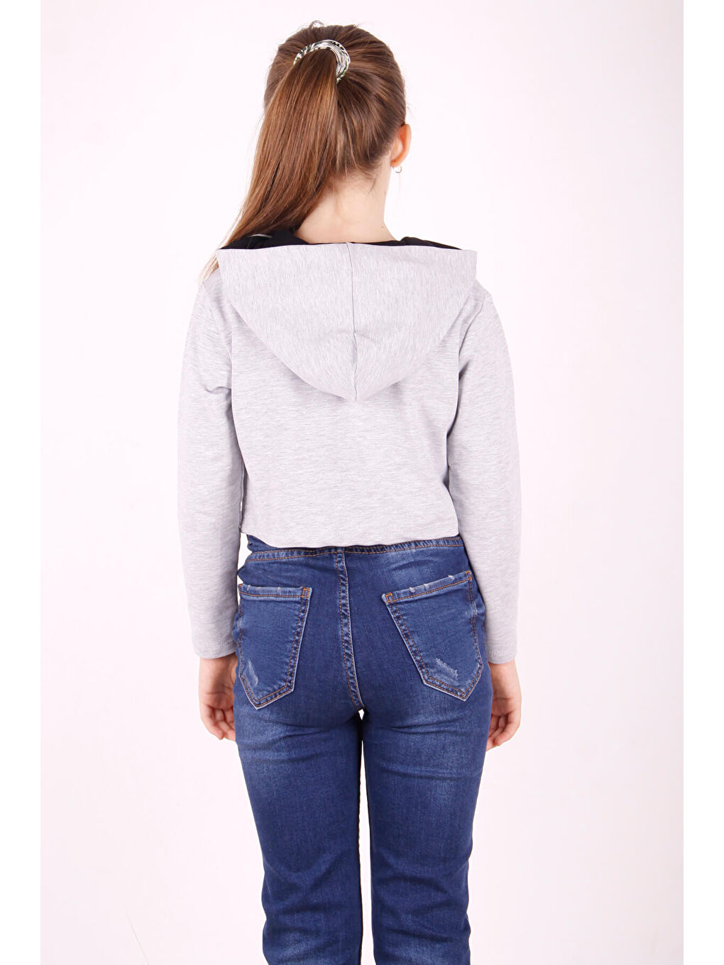 Gri Kız Çocuk Taş İşlemeli Kapüşonlu Sweatshirt-5