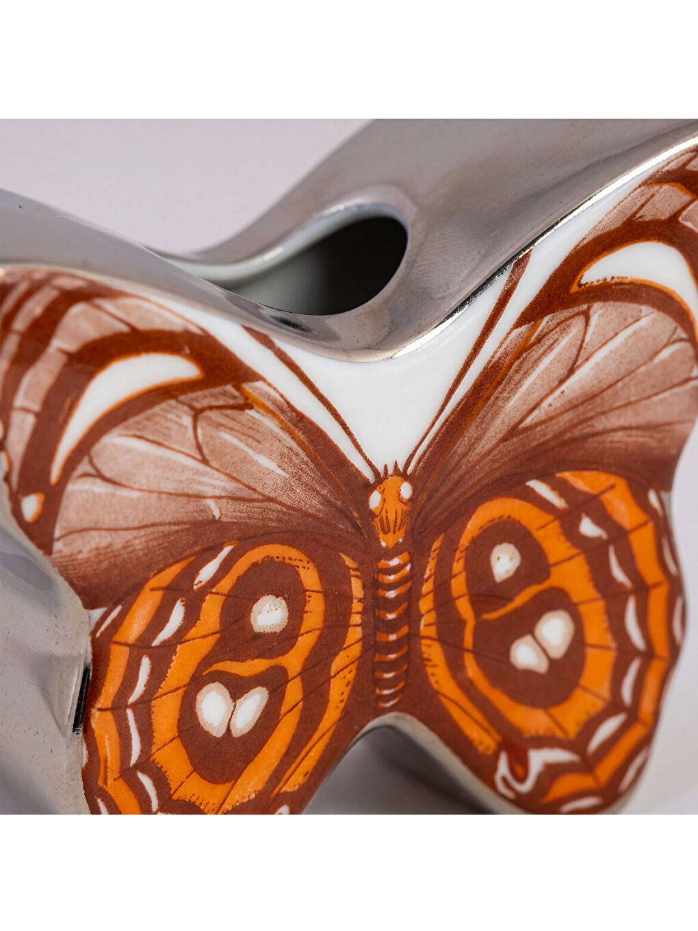 Ekru El Dekoru Kelebek Tasarımlı Dekoratif Porselen Vazo Turuncu 13x10 Cm-4