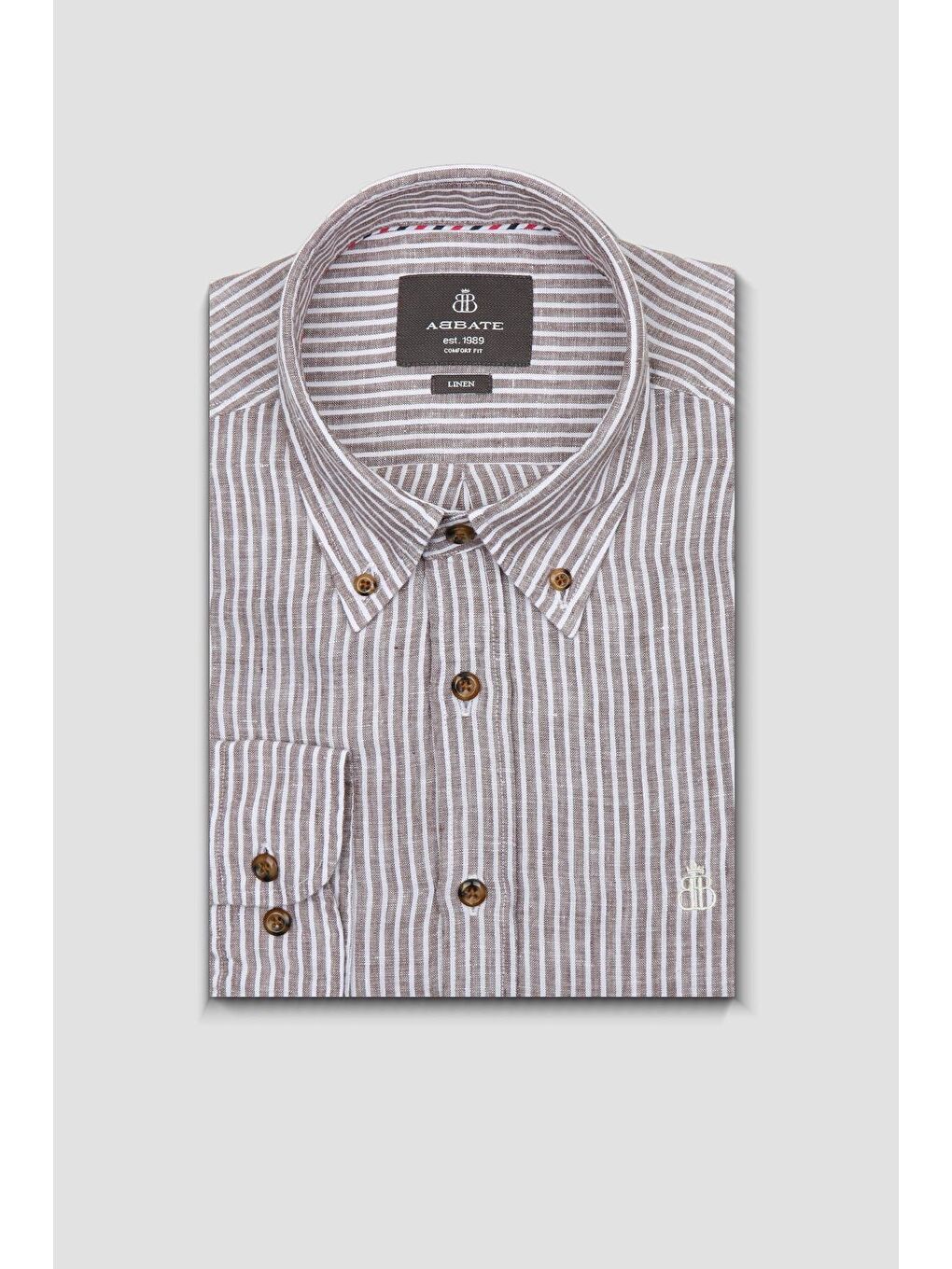 Sorento Keten Keten Comfort Fit Kahverengi Düğmeli Yaka Erkek Çizgili Gömlek-4