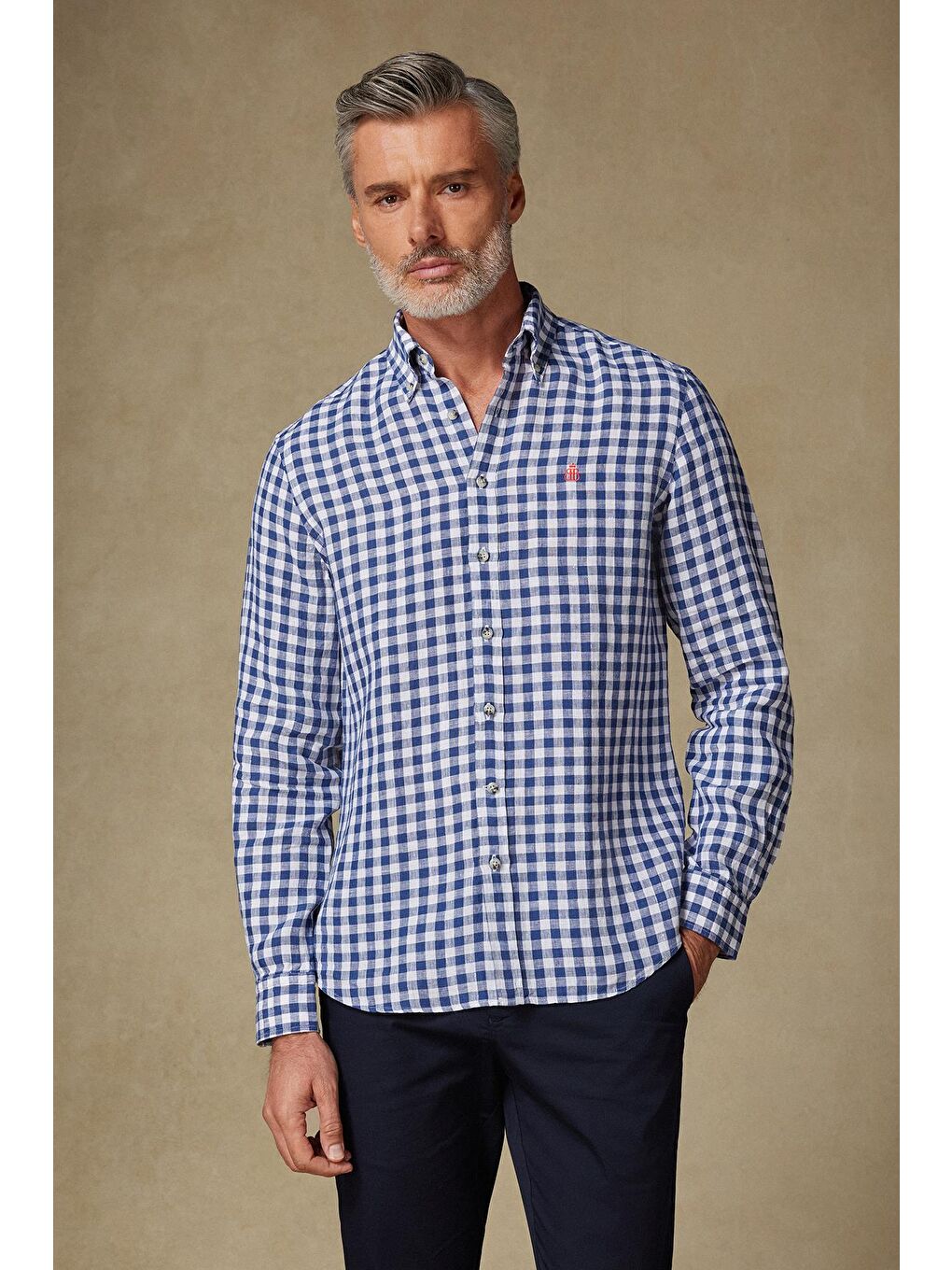 Sorento Keten Keten Comfort Fit Lacivert Düğmeli Yaka Erkek Kareli Gömlek