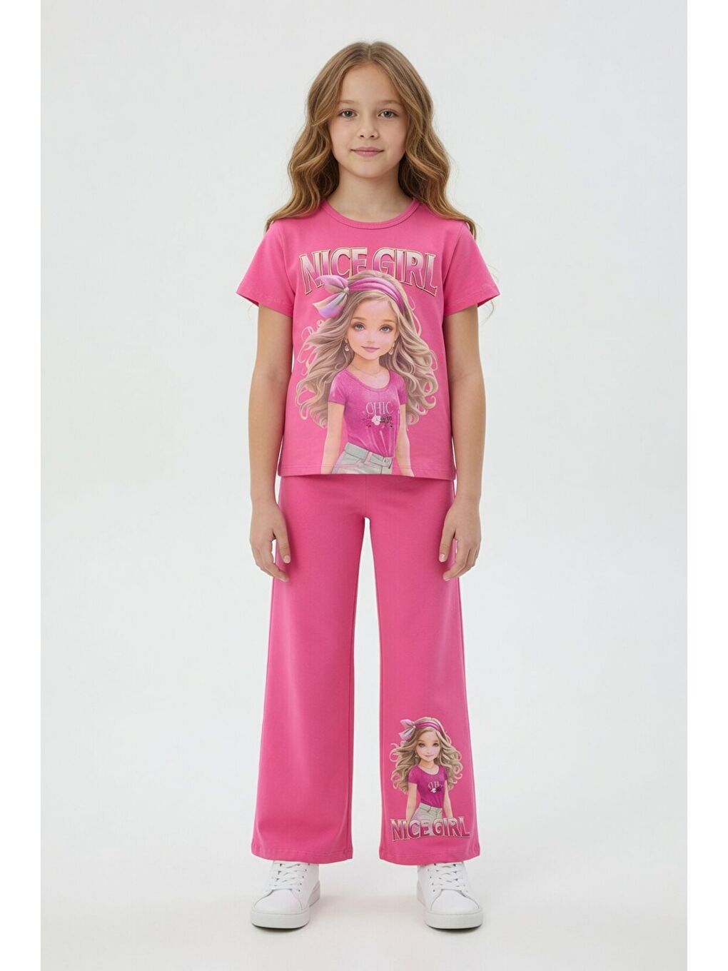 Pembe Kız Karakter Baskılı Geniş Paça Pantolonlu 2li Kız Çocuk Takım 23801