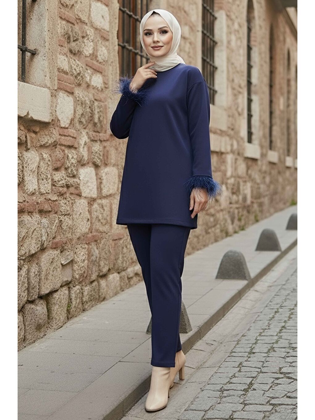 Kol Ucu Tüylü Modal İkili Takım Lacivert - 088-LACIVERT-1