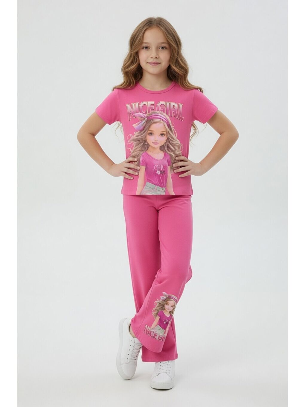 Pembe Kız Karakter Baskılı Geniş Paça Pantolonlu 2li Kız Çocuk Takım 23801-1