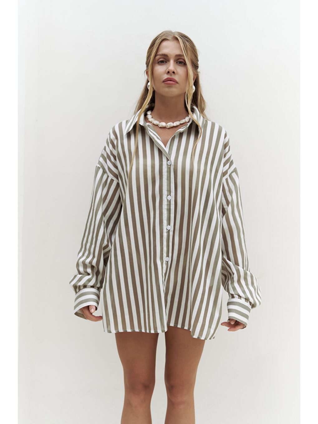 Rosy Transparan Çizgili Haki Oversize Gömlek