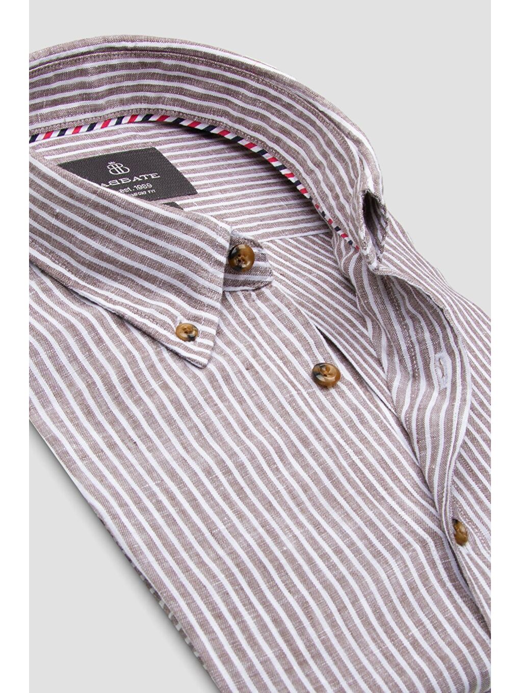 Sorento Keten Keten Comfort Fit Kahverengi Düğmeli Yaka Erkek Çizgili Gömlek-5
