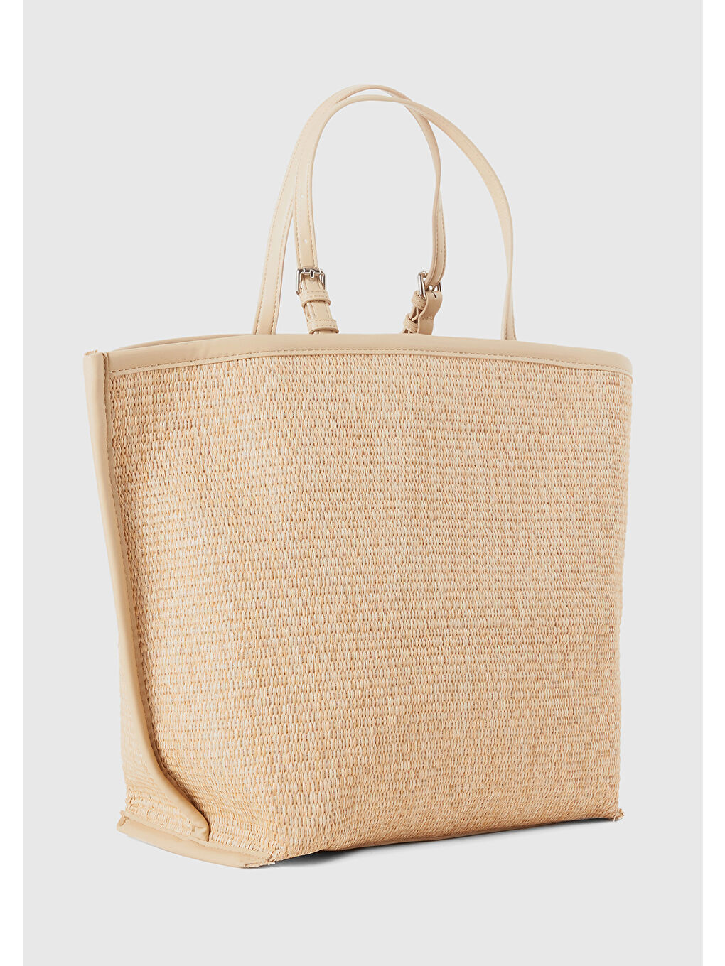 Bej Kadın Vizon Önü Yama Logo İşlemeli Ayarlanabilir Askılı Hasır Tote Çanta-1