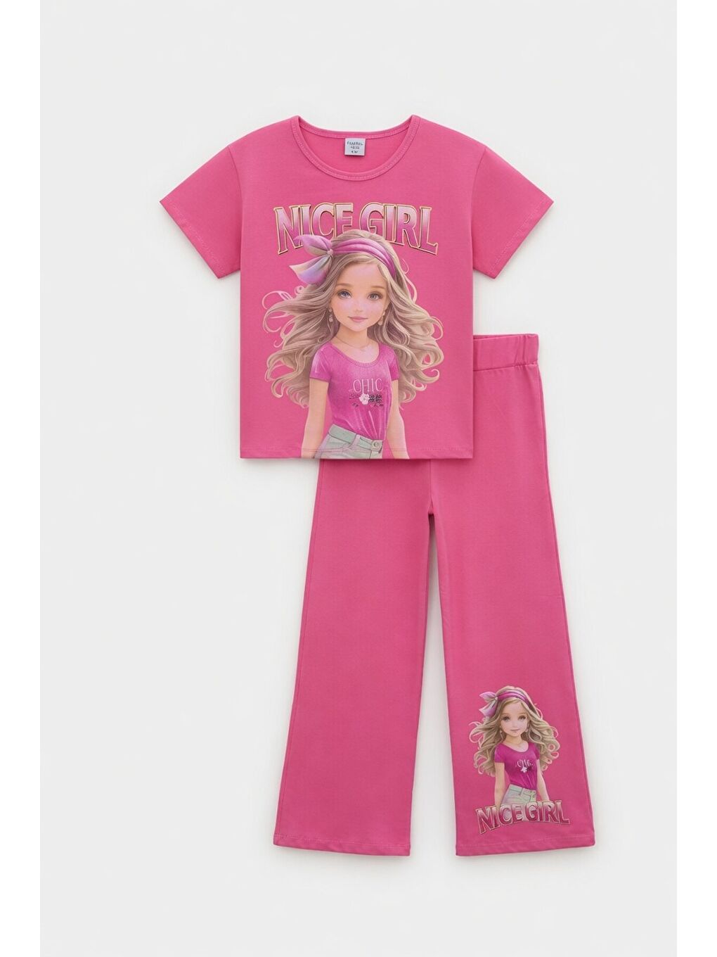 Pembe Kız Karakter Baskılı Geniş Paça Pantolonlu 2li Kız Çocuk Takım 23801-4