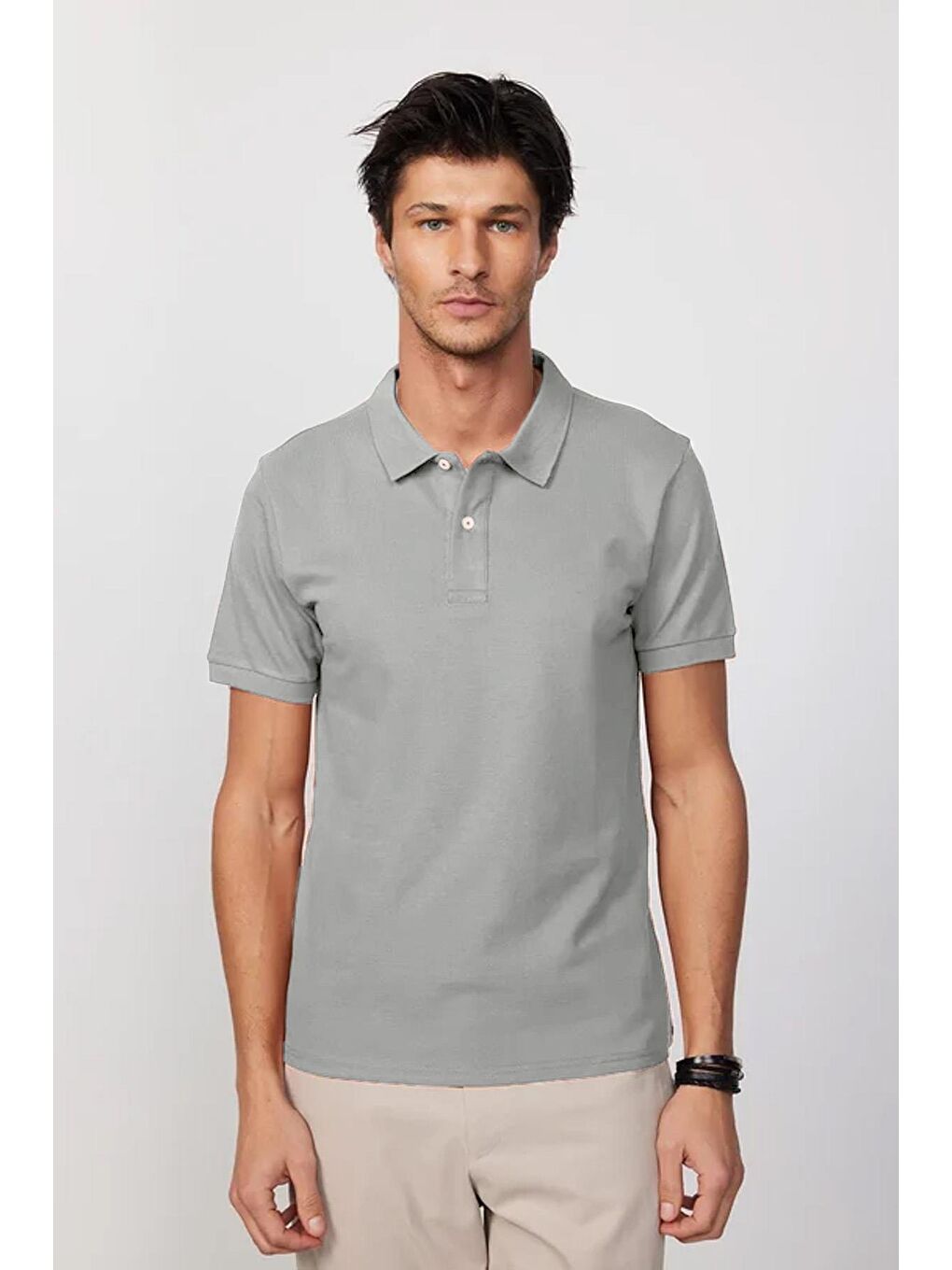 Erkek Slim Fit Dar Kesim %100 Pamuk Gri Polo Yaka Tişört-3