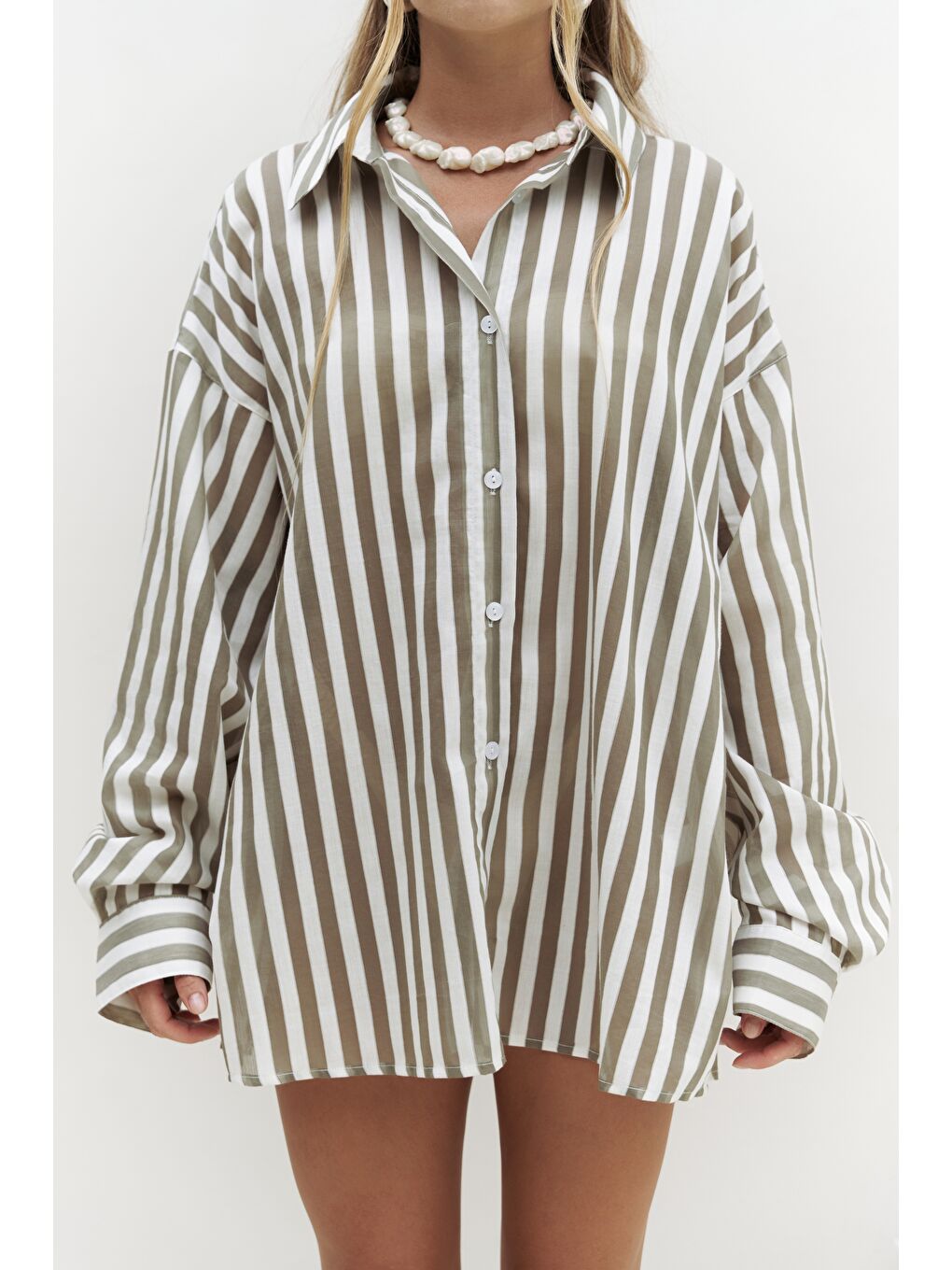 Rosy Transparan Çizgili Haki Oversize Gömlek-2
