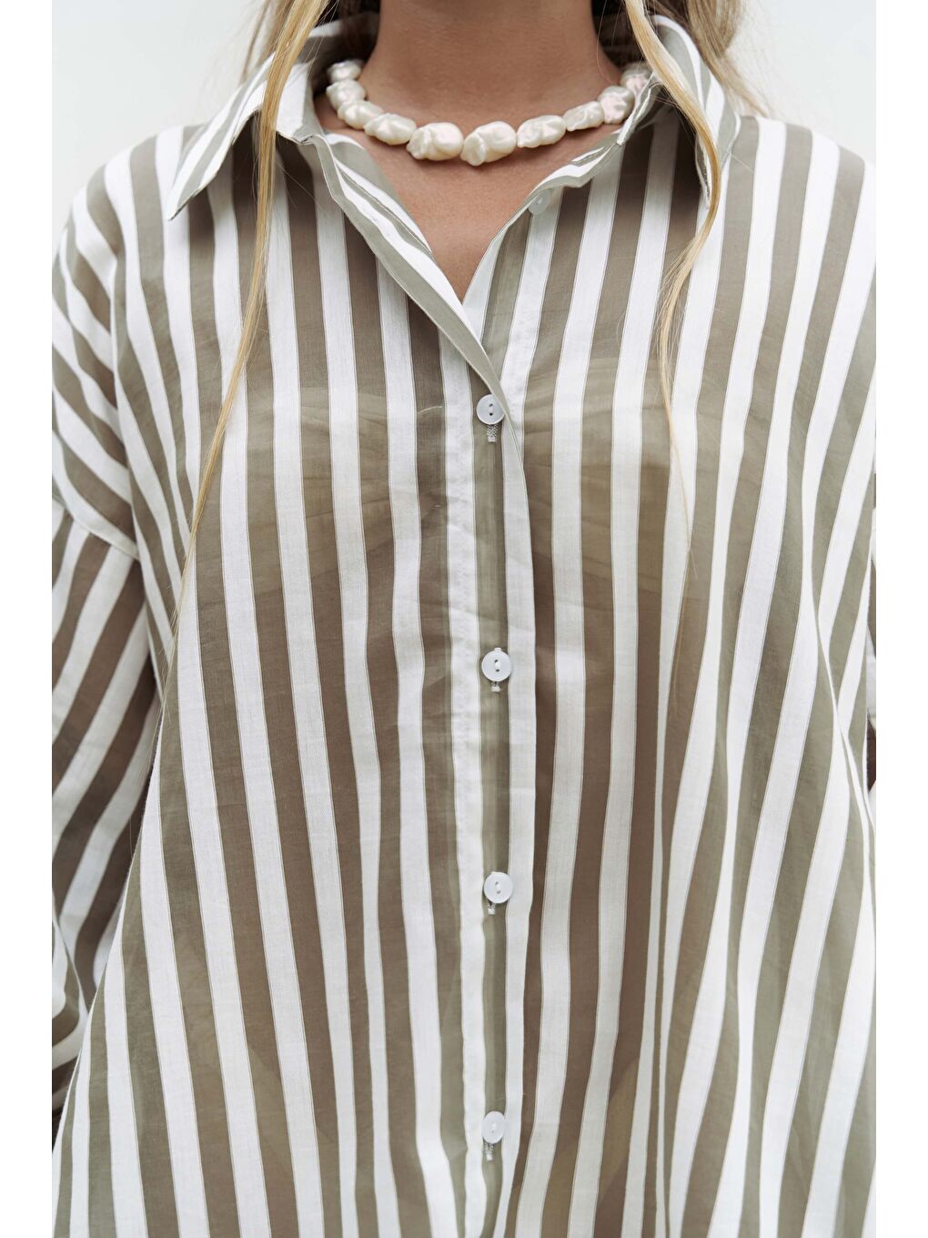 Rosy Transparan Çizgili Haki Oversize Gömlek-3