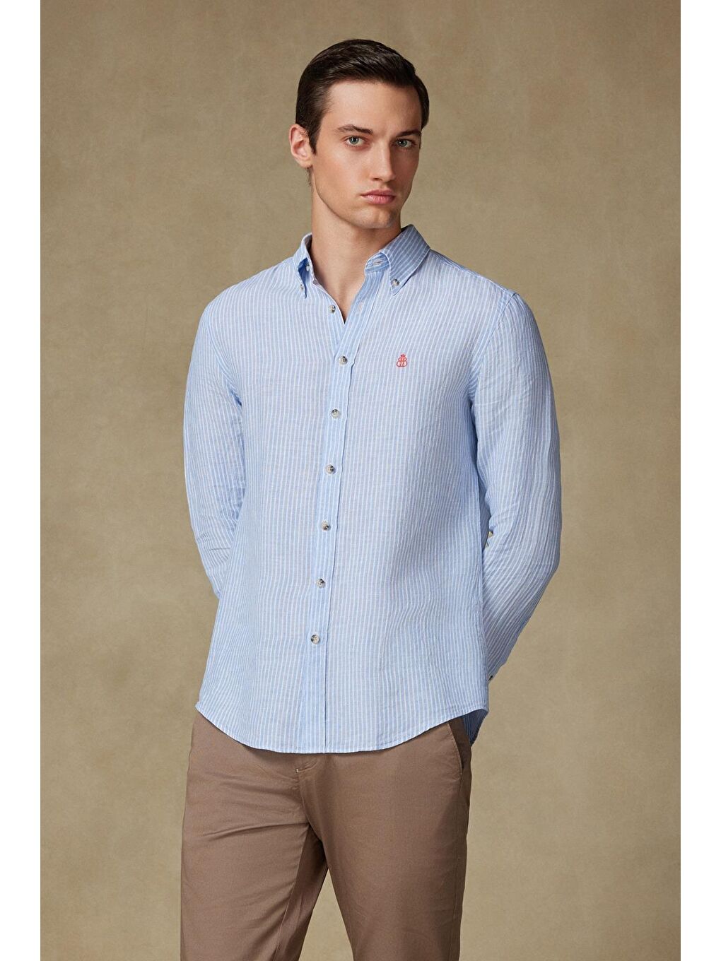 Sorento Keten Keten Comfort Fit Açık Mavi Düğmeli Yaka Erkek Çizgili Gömlek