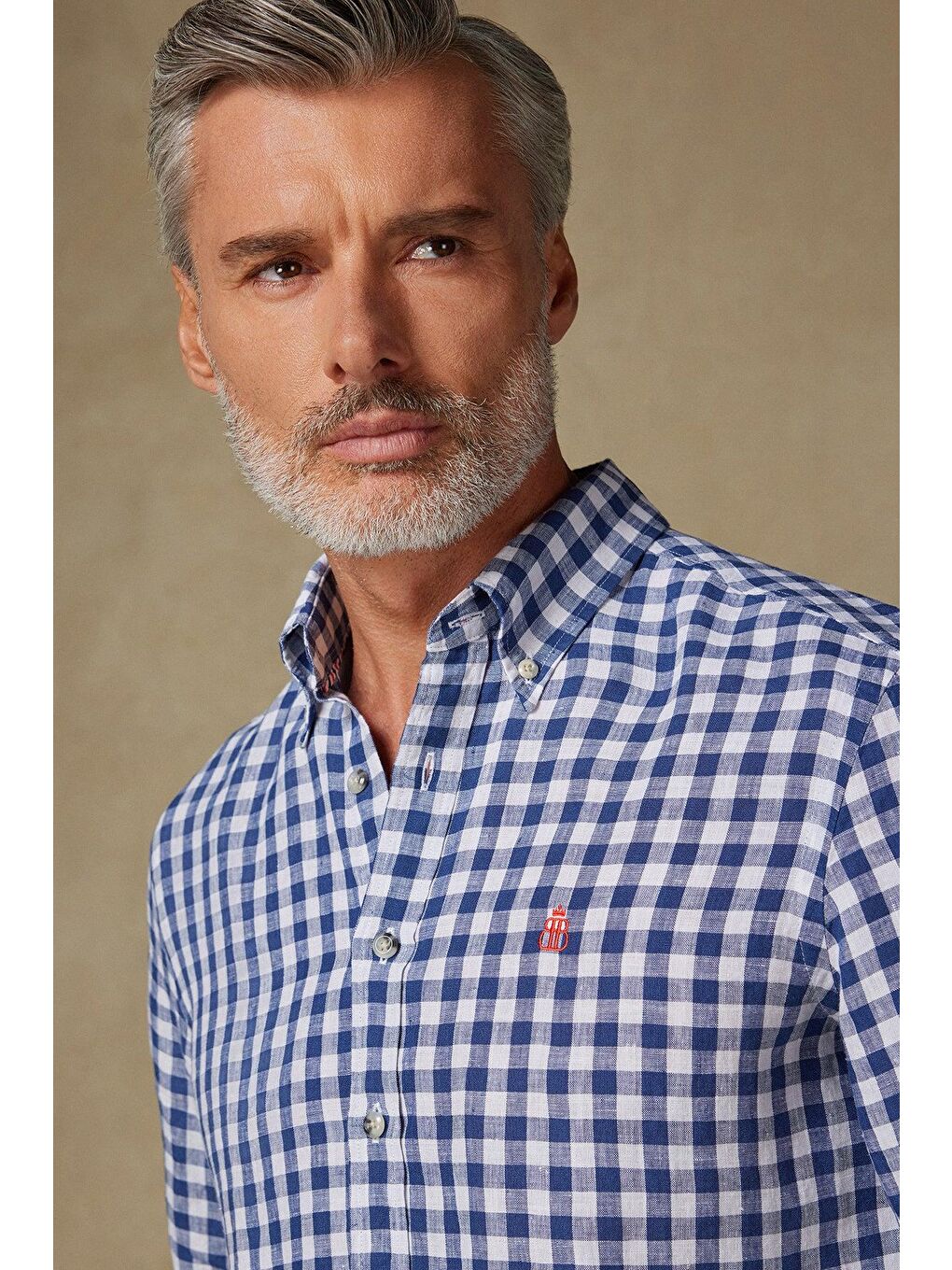 Sorento Keten Keten Comfort Fit Lacivert Düğmeli Yaka Erkek Kareli Gömlek-2