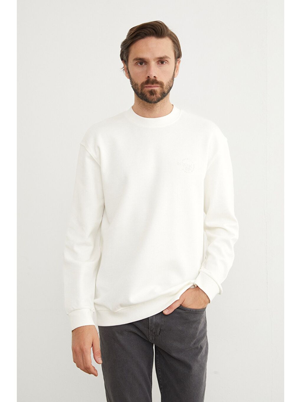 Ekru Original Raw Kabartma Baskılı Büyük Beden Sweatshirt-1