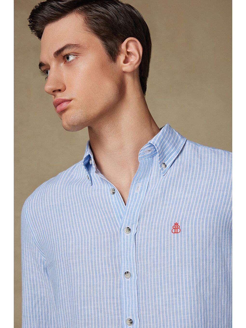 Sorento Keten Keten Comfort Fit Açık Mavi Düğmeli Yaka Erkek Çizgili Gömlek-2