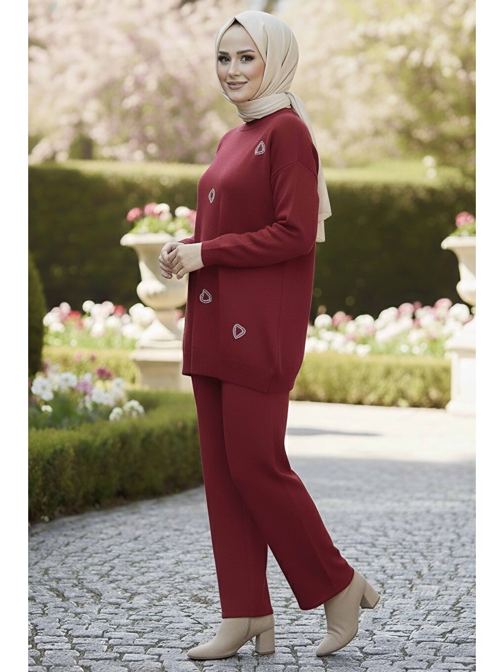 Kalp Nakışlı İkili Triko Takım Bordo - 28063-BORDO-1