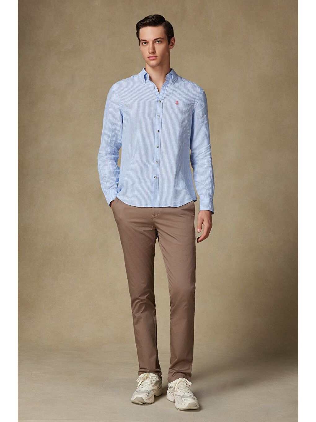 Sorento Keten Keten Comfort Fit Açık Mavi Düğmeli Yaka Erkek Çizgili Gömlek-3