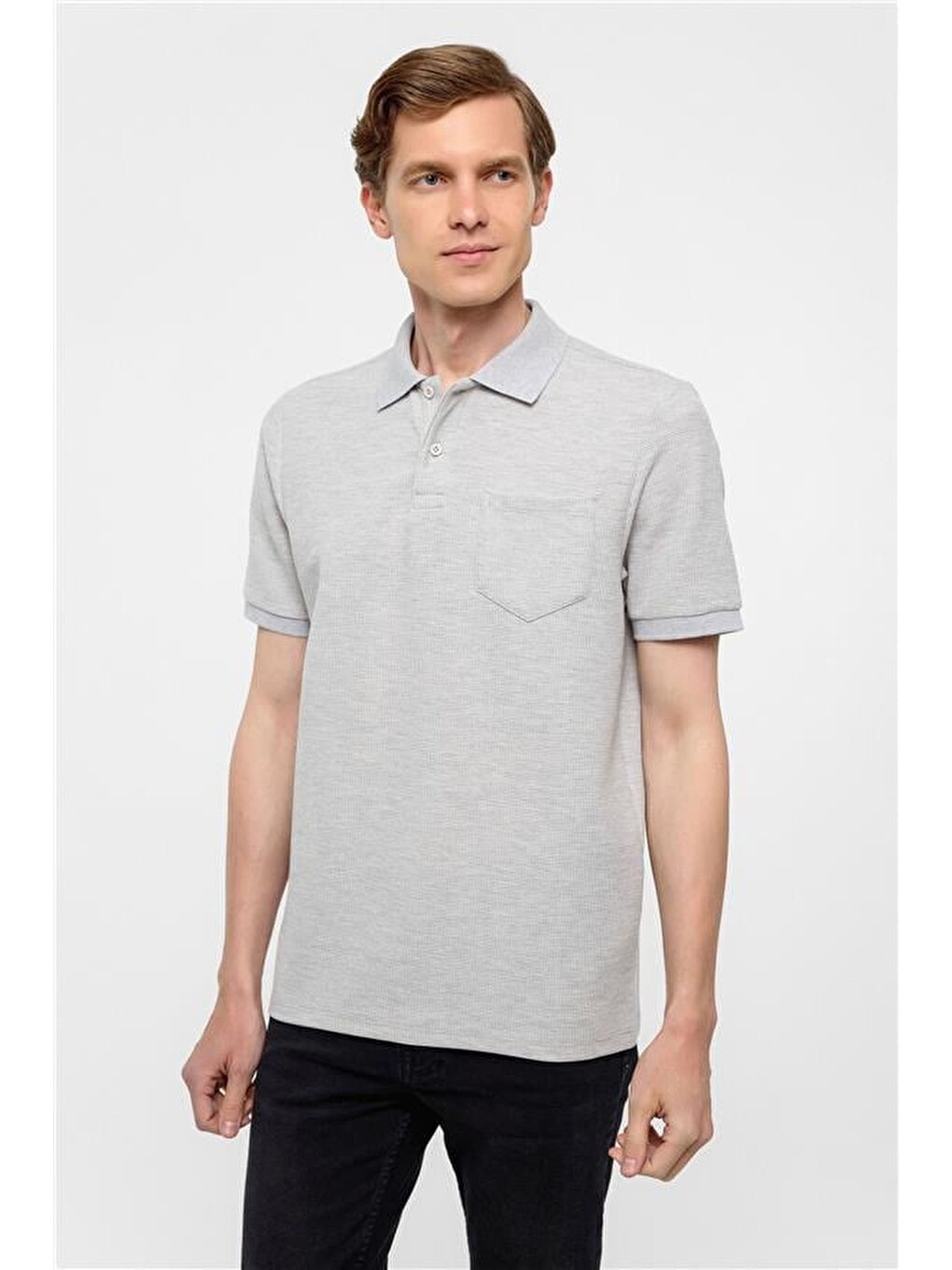 Gri Regular Armürlü Polo Yaka Tişört-1