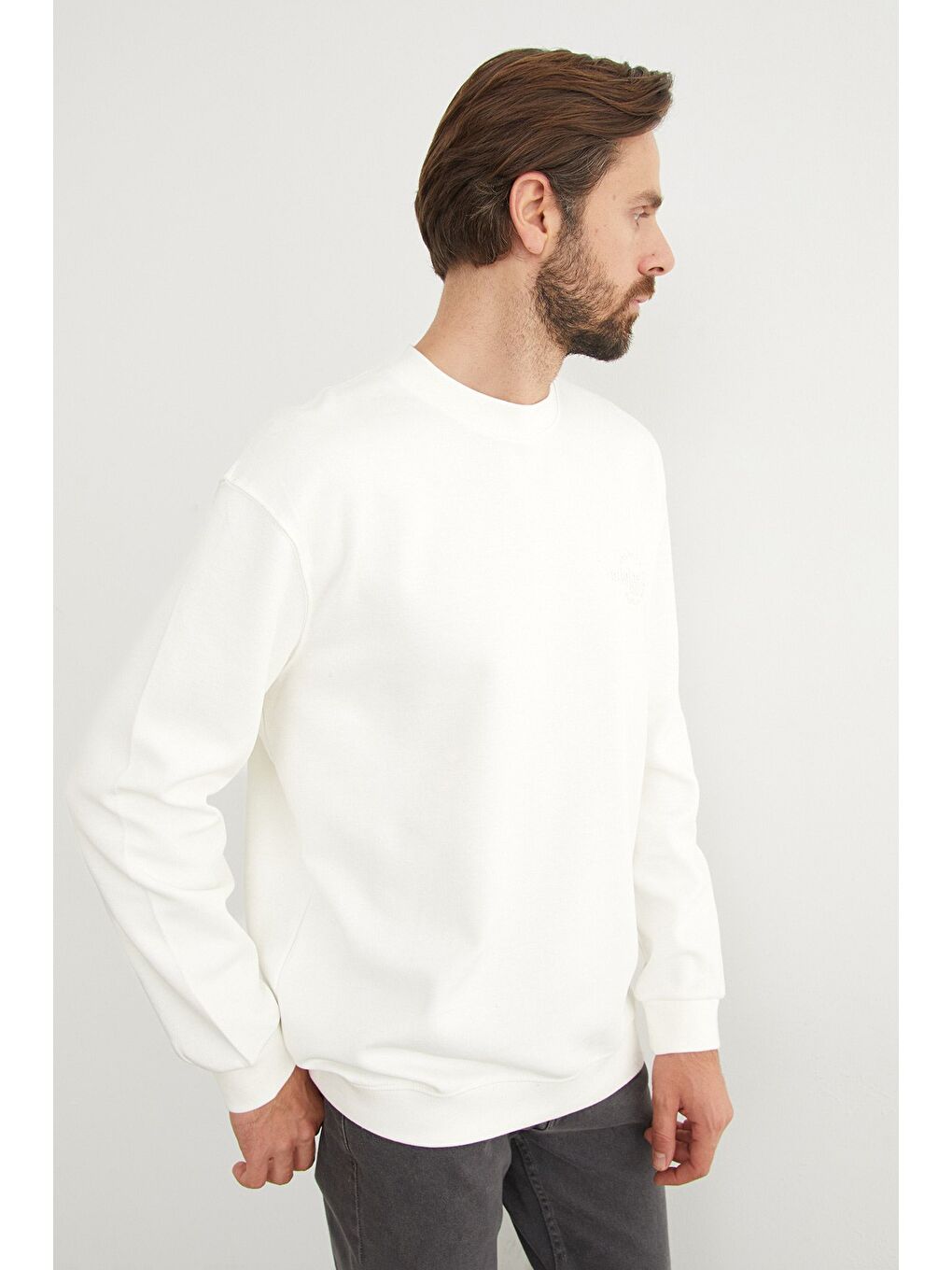 Ekru Original Raw Kabartma Baskılı Büyük Beden Sweatshirt-3