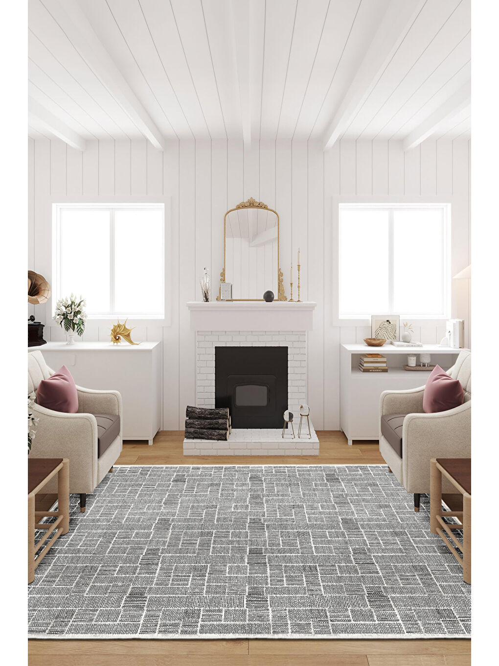 Siyah Dekoratif Özel Tasarım Yıkanabilir İnce Kaymaz Tabanlı Modern Halı KECE FR17-2