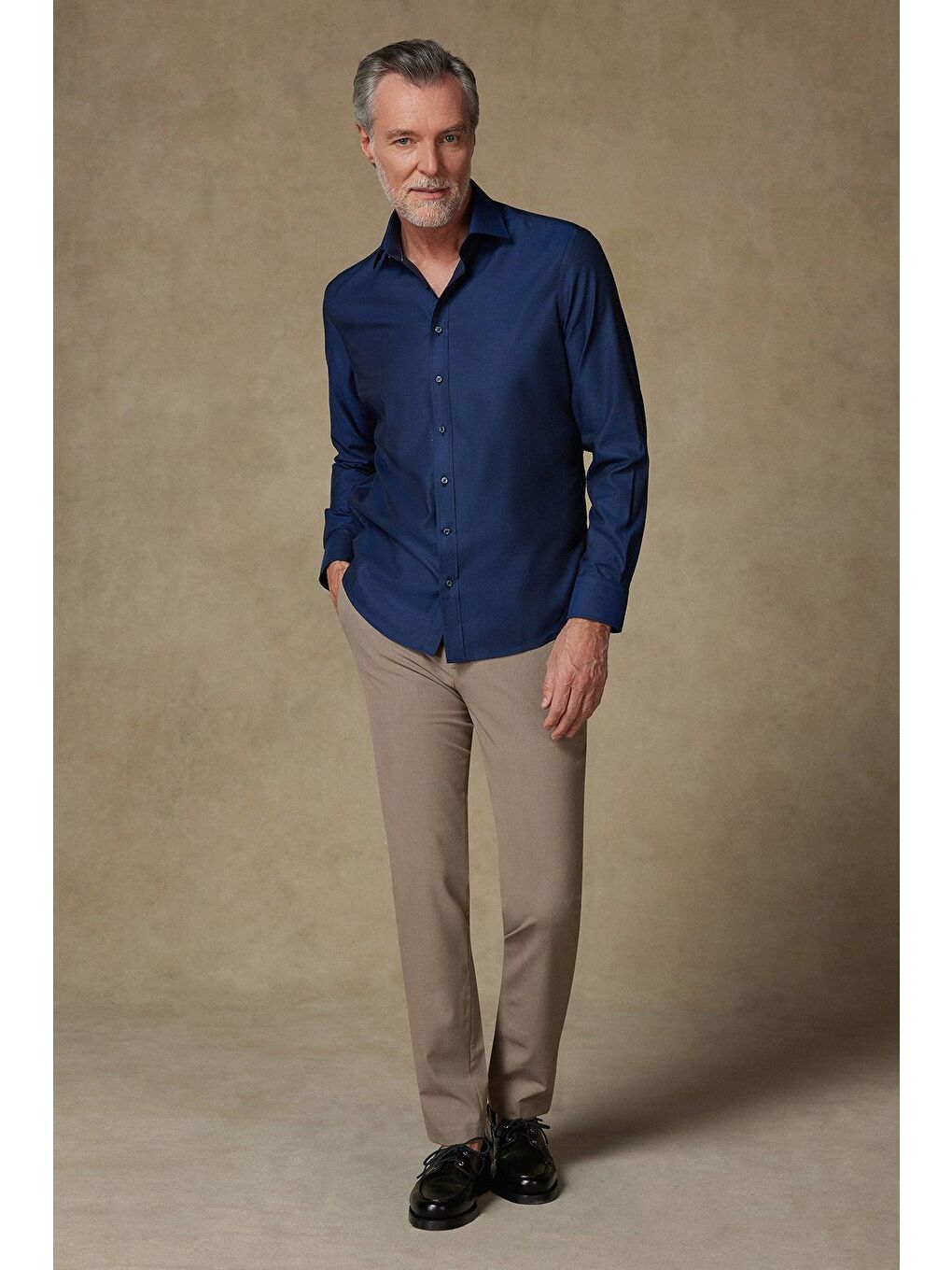 Donatello Non Iron Twill Pamuklu Slim Fit Lacivert Klasik Yaka Erkek Düz %100 Pamuk Gömlek-2