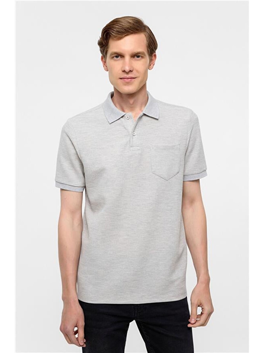 Gri Regular Armürlü Polo Yaka Tişört-2