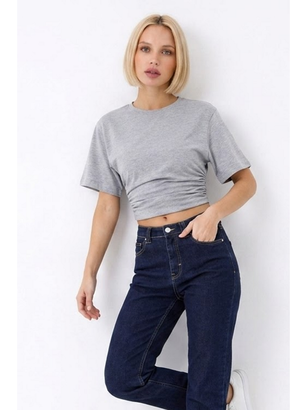 Kadın Fashion Slim Fit Gri Crop Tişört-2