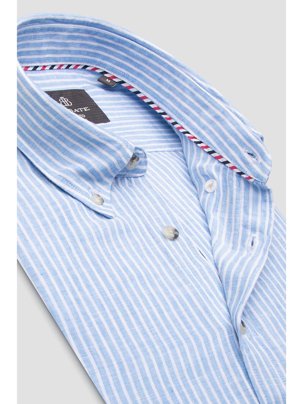 Sorento Keten Keten Comfort Fit Açık Mavi Düğmeli Yaka Erkek Çizgili Gömlek-5