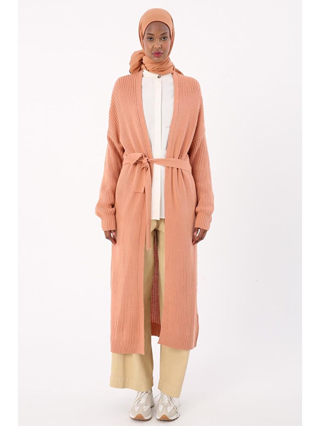 Soft Turuncu-Fitilli Kuşaklı Uzun Triko Hırka-1