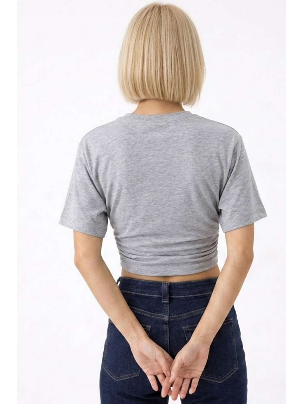 Kadın Fashion Slim Fit Gri Crop Tişört-4