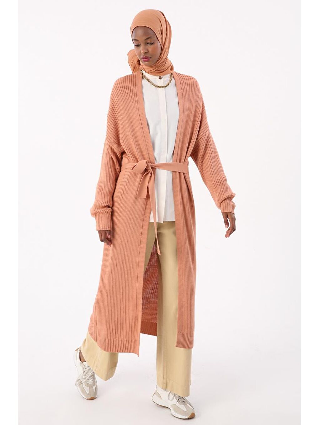 Soft Turuncu-Fitilli Kuşaklı Uzun Triko Hırka-2