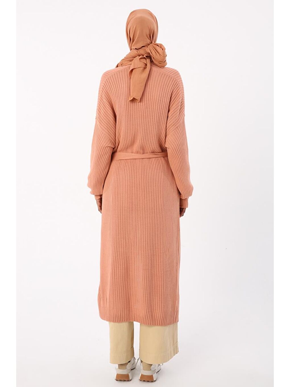 Soft Turuncu-Fitilli Kuşaklı Uzun Triko Hırka-3