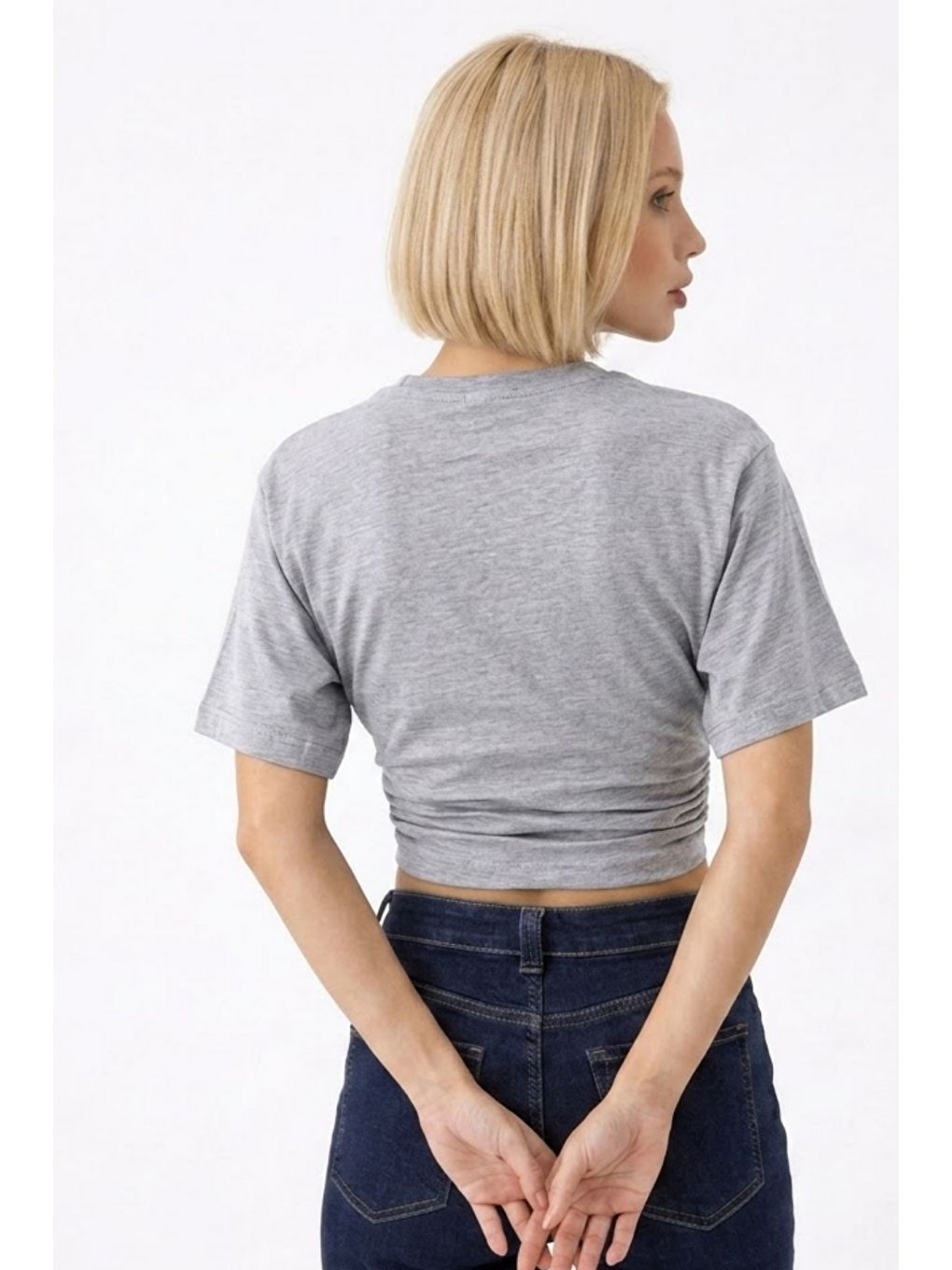 Kadın Fashion Slim Fit Gri Crop Tişört-5