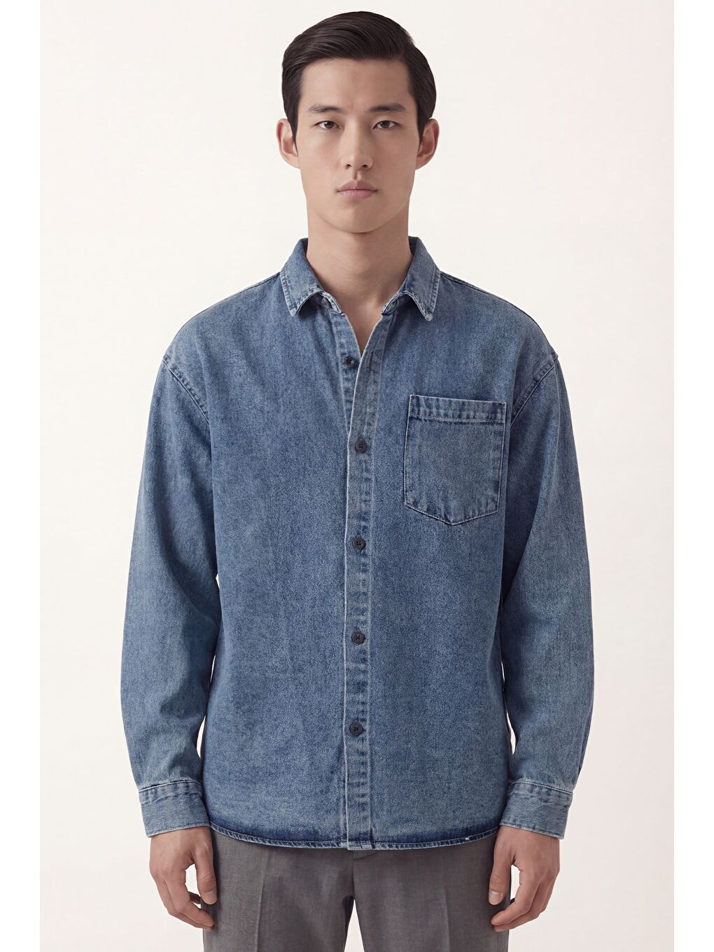 Erkek Mavi Normal Kesim Regular Fit Pamuk Torba Cep Uzun Kollu Denim Ceket Gömlek