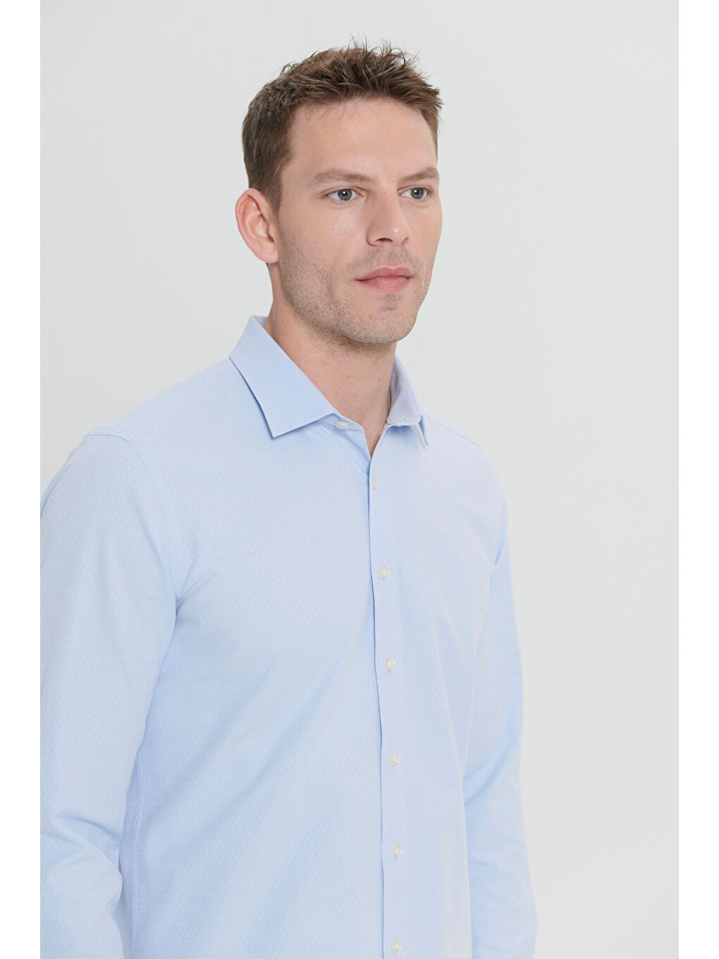 Erkek Açık Mavi Slim Fit Dar Kesim Klasik Yaka Pamuklu Armürlü Gömlek-3